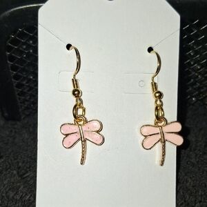 Pink Dragonfly Dangle Earrings - Gold Tone